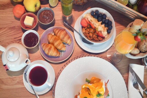 Traditional breakfast View from above of a richly laid breakfast table.
