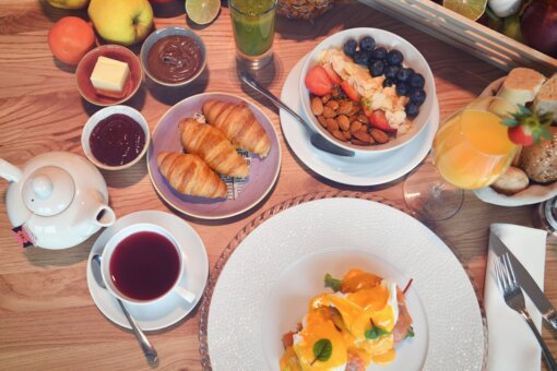 Traditional breakfast View from above of a richly laid breakfast table.