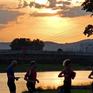 Neun Personen beim Laufen an der Donau bei Sonnenaufgang | © Walter Kraus