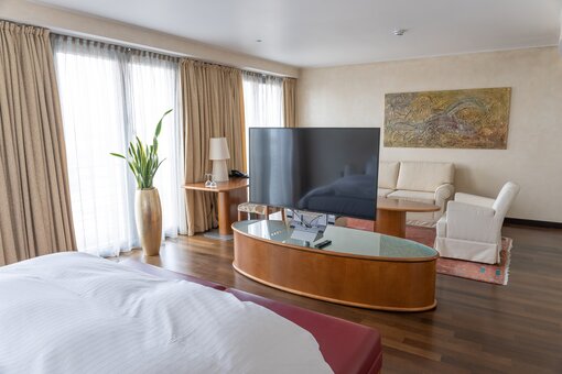 Presidential Suite | Hotel Ljubljana in Slovenia Presidential Suite bedroom with TV and couch | Hotel Ljubljana in Slovenia