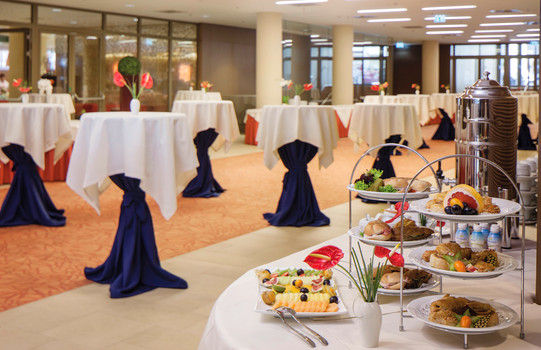 Olympia Mancini Foyer mit Stehtischen und Buffet | Hotel Savoyen Vienna