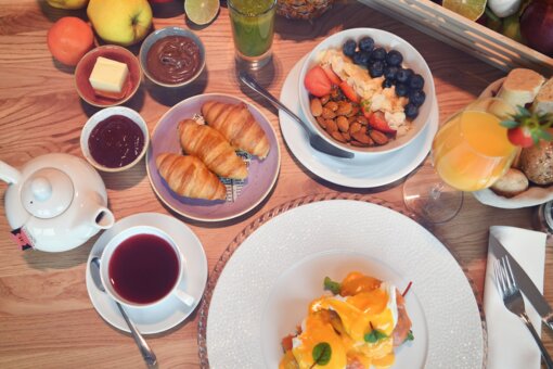 Traditional breakfast View from above of a richly laid breakfast table.
